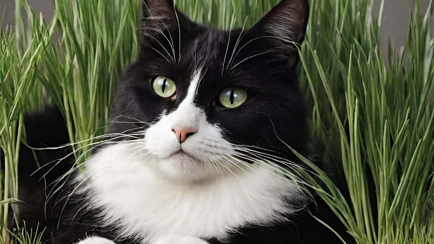 picture of a tuxedo cat and cat grass