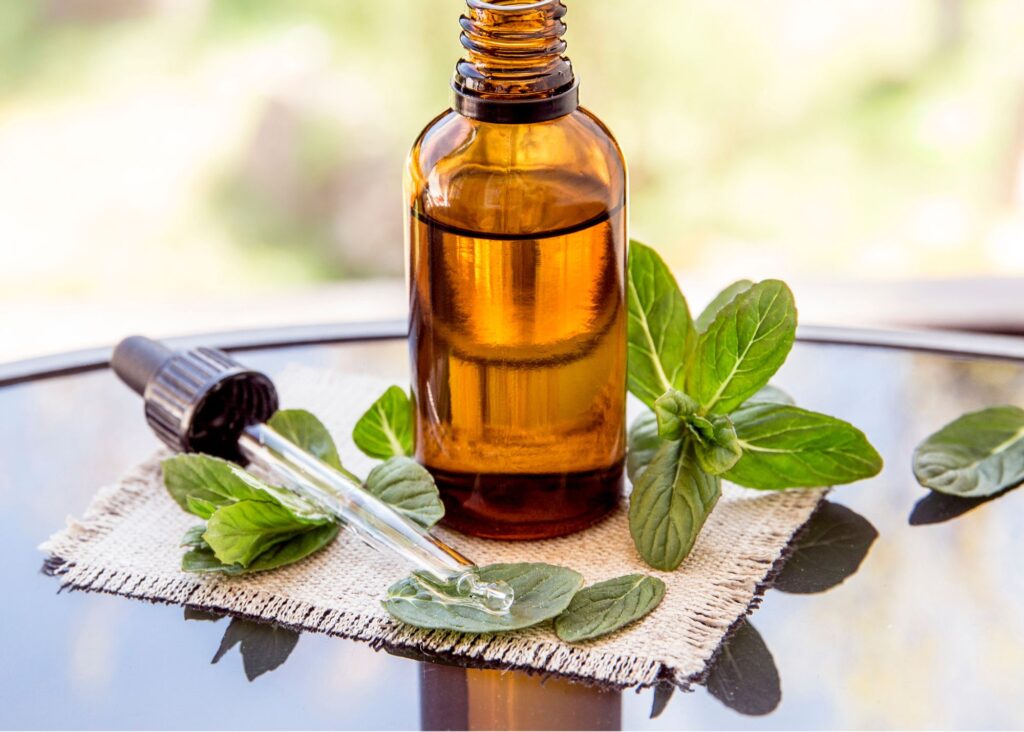 a bottle of peppermint oil surrounded by fresh peppermint leaves 