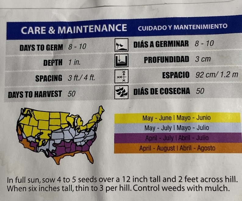 back of seed packet, showing sun requirements, planting dates, planting depth and spacing, days to germination and days to harvest.  