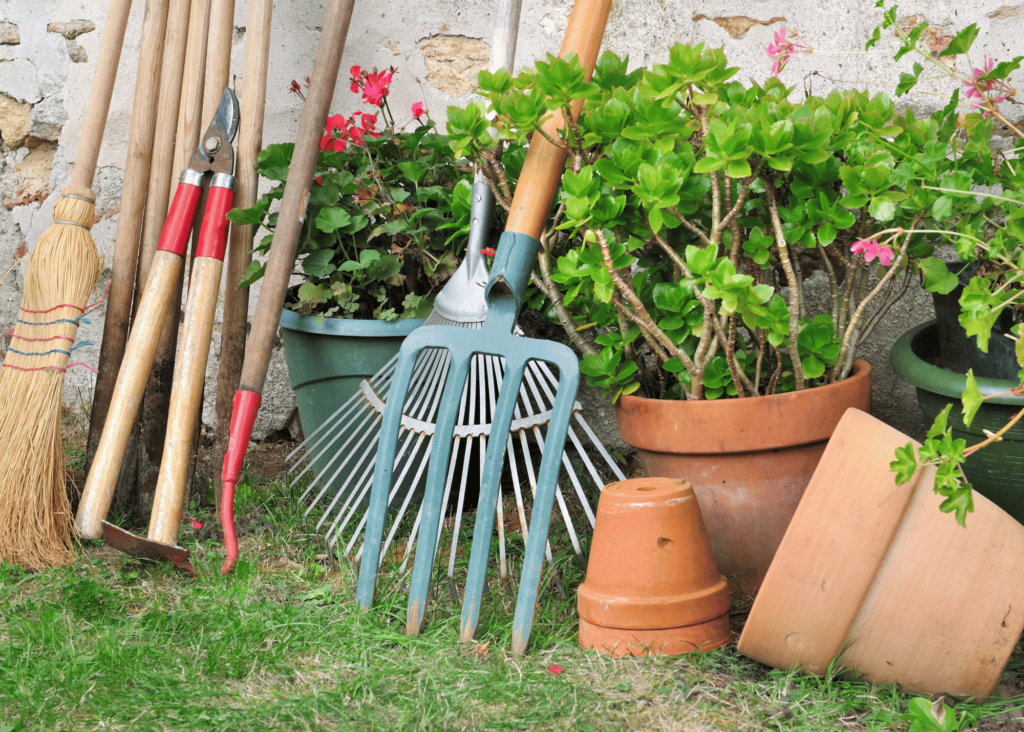 garden tools, such as trimmer, hoe, pitchfork and rake