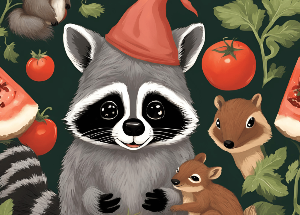 raccoon and squirrels with tomatoes!