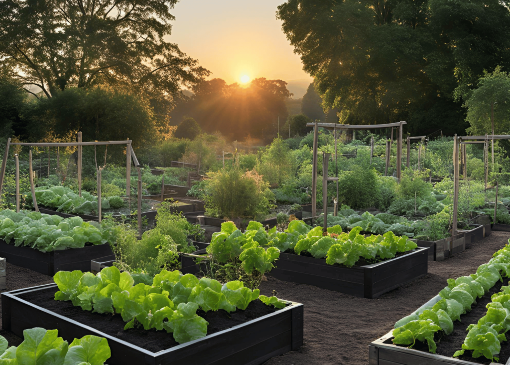 sun rises over the vegetable garden