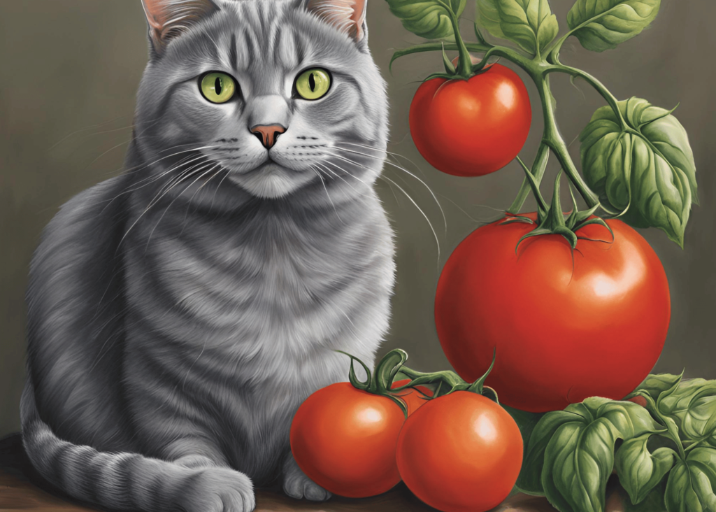 Mr. Whiskers, a gray cat, with tomatoes