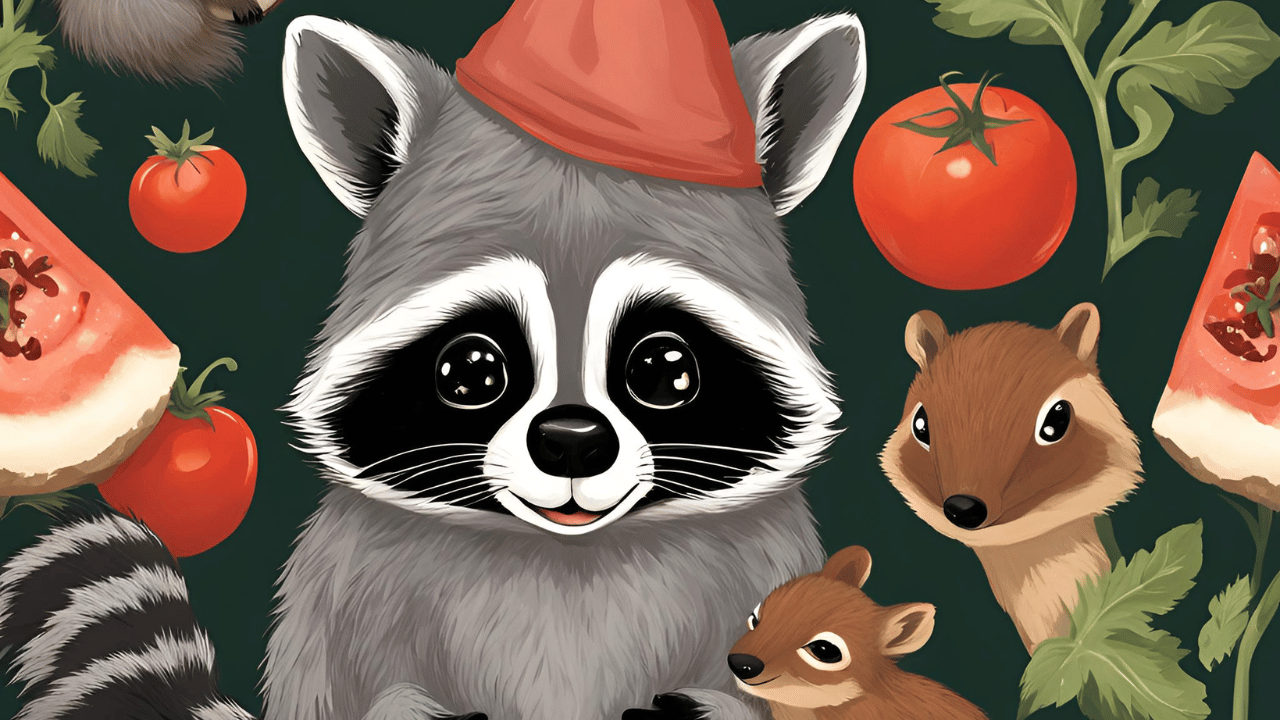 raccoon and squirrels with tomatoes