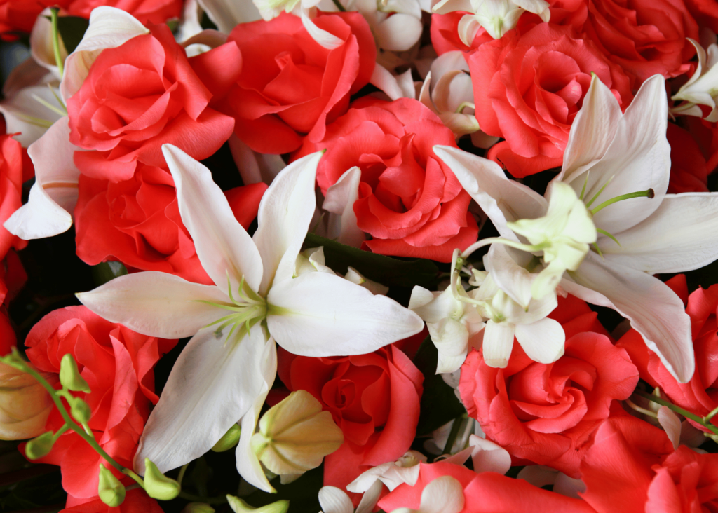 red roses in a bouquet with white lilies 